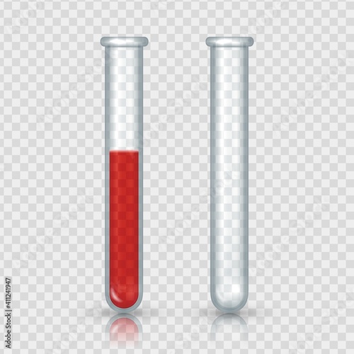 Test tubes with blood. Realistic laboratory equipment. Pair of empty and full glass vials on transparent background. Lab bottle with red liquid. Isolated medical specimen for experiments, vector set