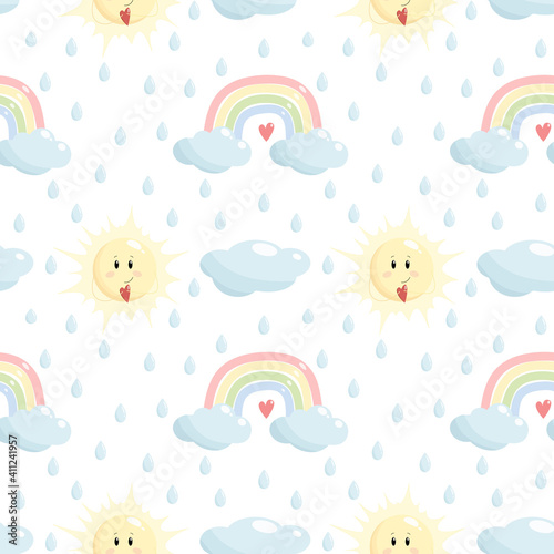 Cute vector seamless pattern of rainbow, clouds, sun and water drops in a cartoon style. Ideal for any children's, children's clothing, to create fun, invitations for birthdays, baby showers, holidays