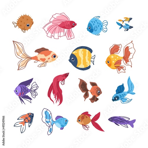 Cartoon fish. Colorful sea animals. Hand drawn clipart of tropical marine underwater inhabitants. Isolated decorative aquarium swimming goldfish. Various ocean fauna, vector undersea creature set