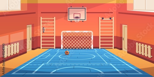 School gym. Gymnasium basketball court and campus soccer arena. Comfortable hall for kids active games and sport exercises. Empty equipped training room with gymnastic equipment. Vector illustration