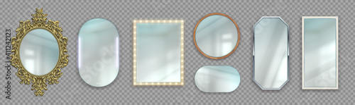 Realistic mirrors. 3D round and rectangular reflective surfaces. Modern or classic and decorative vintage frames. Framework with light bulbs. Vector interior furniture set on transparent background