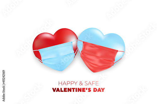 Happy and safe valentine day Protection of coronavirus and covid Valentine Day. Celebrating Valentine's Day safely during the coronavirus pandemic.Vector illustration love banner.