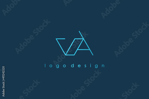 Simple Initial Letter V and A Linked Logo. Blue Geometric Shape Linear Style isolated on Blue Background. Usable for Business and Branding Logos. Flat Vector Logo Design Template Element.