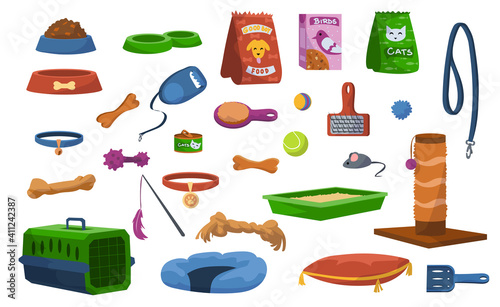 Cartoon pet toys. Assortment of veterinary store, products for dogs or cats. Collection of food bowl, collar and leash. Colorful throwing balls and biting bones. Vector merchandise for animal grooming