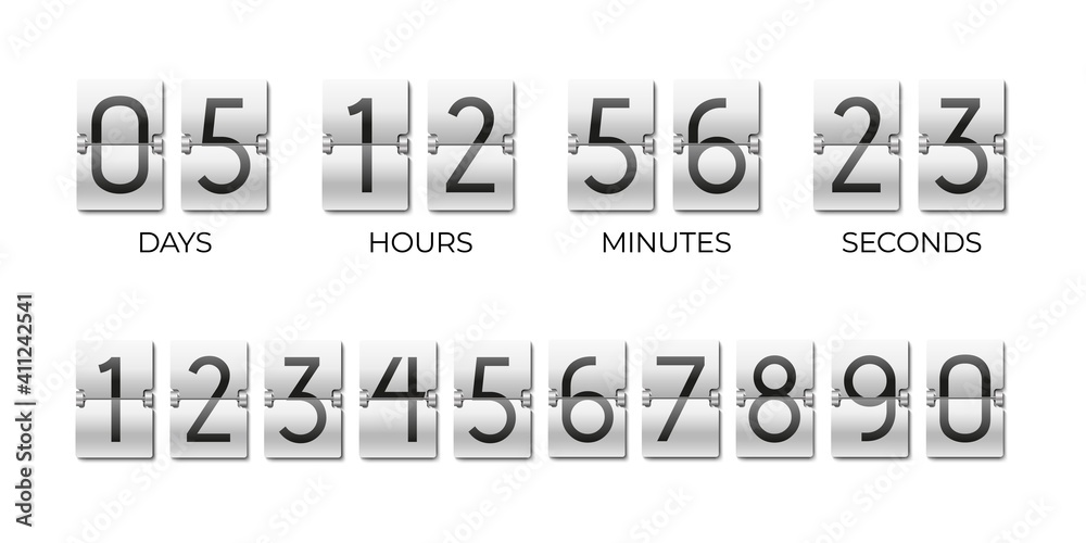 Scoreboard of day, hour, minutes and seconds. Flipboard for time remaining countdown. Number templates for timer constructor kit. Isolated flip clock mockup design. Vector watch with flipping cards