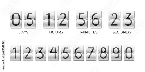 Scoreboard of day, hour, minutes and seconds. Flipboard for time remaining countdown. Number templates for timer constructor kit. Isolated flip clock mockup design. Vector watch with flipping cards
