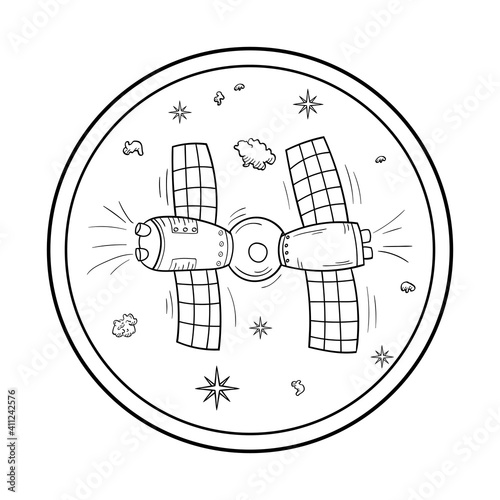 The docking of spacecraft. Doodle-style space objects, stars, and asteroids. Vector illustration isolated on a white background.