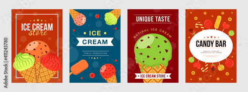 Ice cream posters set. Cones, bars, colorful scoops vector illustrations with text. Summer, dessert, sweet food concept for flyers and brochures design