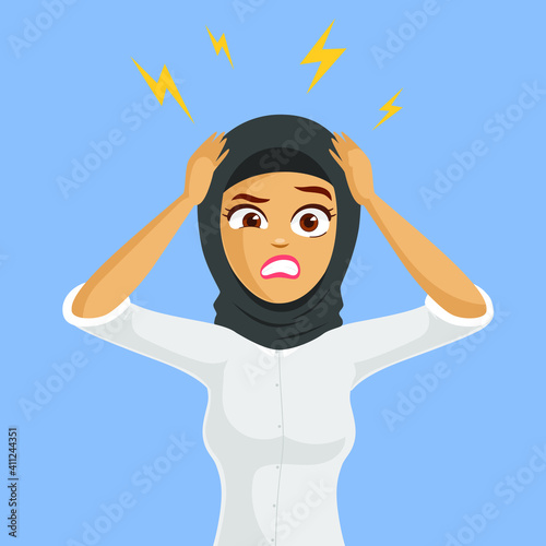 Stressed cartoon business muslim woman in Office Work Place. Stress at work