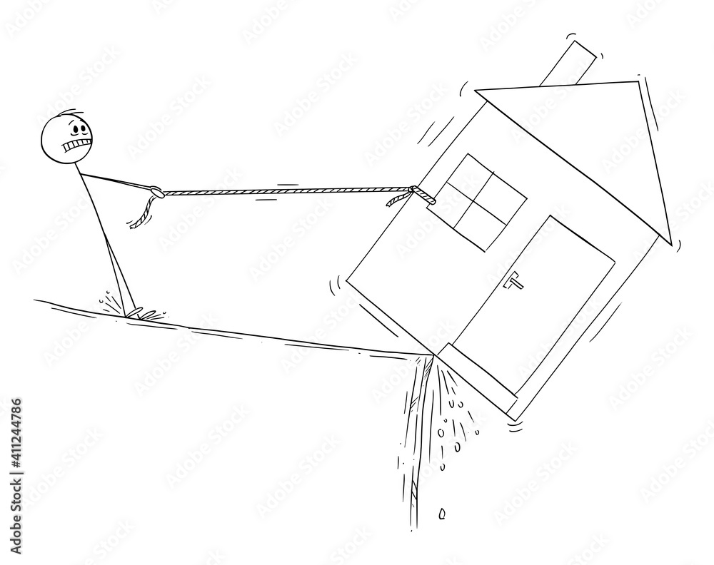 Naklejka premium Man trying to save his house, loam mortgage or dept financial concept, vector cartoon stick figure or character illustration.