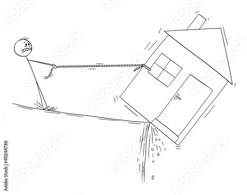 Man trying to save his house, loam mortgage or dept financial concept, vector cartoon stick figure or character illustration.