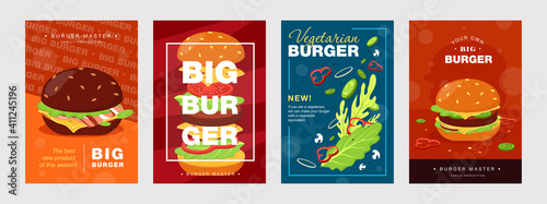 Trendy poster designs with burger and ingredients. Vivid brochures for fast food cafe or restaurant. Unhealthy meal and nutrition concept. Template for promotional leaflet or flyer