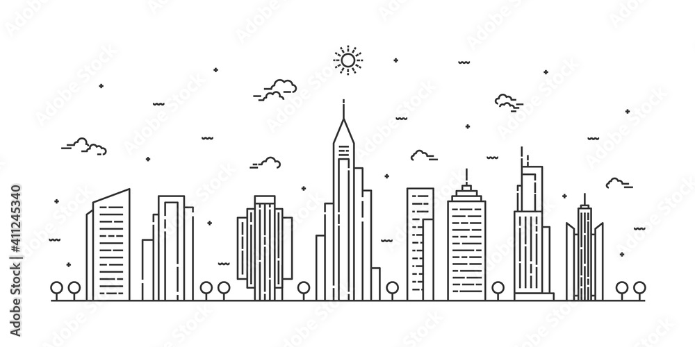 City landscape line art vector. Thin line cityscape with building, clouds, sun. Vector illustration.