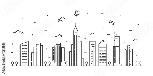 City landscape line art vector. Thin line cityscape with building  clouds  sun. Vector illustration.