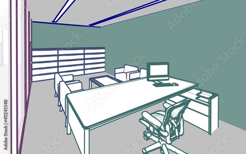 3d illustration perspective of a small office room with furniture. Drawing outlines and paints in different tones of pastel colors. 