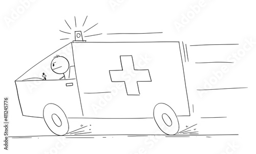 Ambulance responding to emergency, vector cartoon stick figure or character illustration.