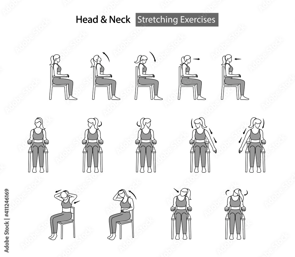 woman sit on chair self stretching exercise, head and neck stretching exercise with arrow direction illustration