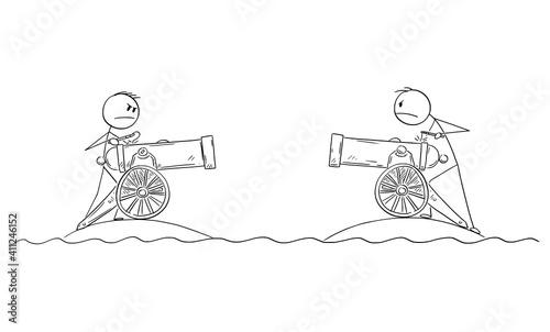 Two men with field artillery guns fighting in war from separated islands, vector cartoon stick figure or character illustration.