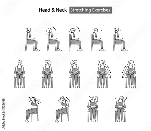 woman sit on chair self stretching exercise, head and neck stretching exercise with arrow direction illustration