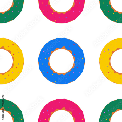 Pink, blue, yellow, green doughnuts on a white background.