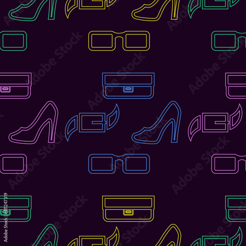 Blue, pink, green, yellow glasses, purses, belts, shoes on a dark-purple background.