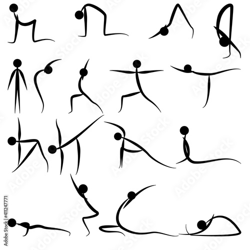 Yoga asanas simple line set of icons. Vector