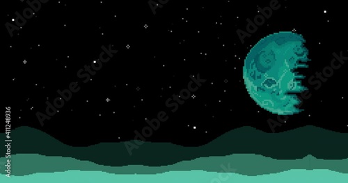 Pixel art space animation. Planet, stars. Pixel art 8 bit vector game