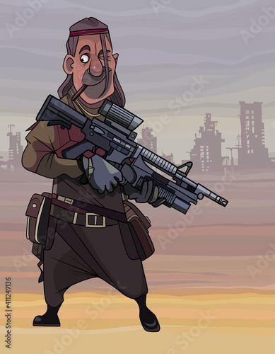cartoon man in post-apocalyptic clothes with a gun on the background of ruins