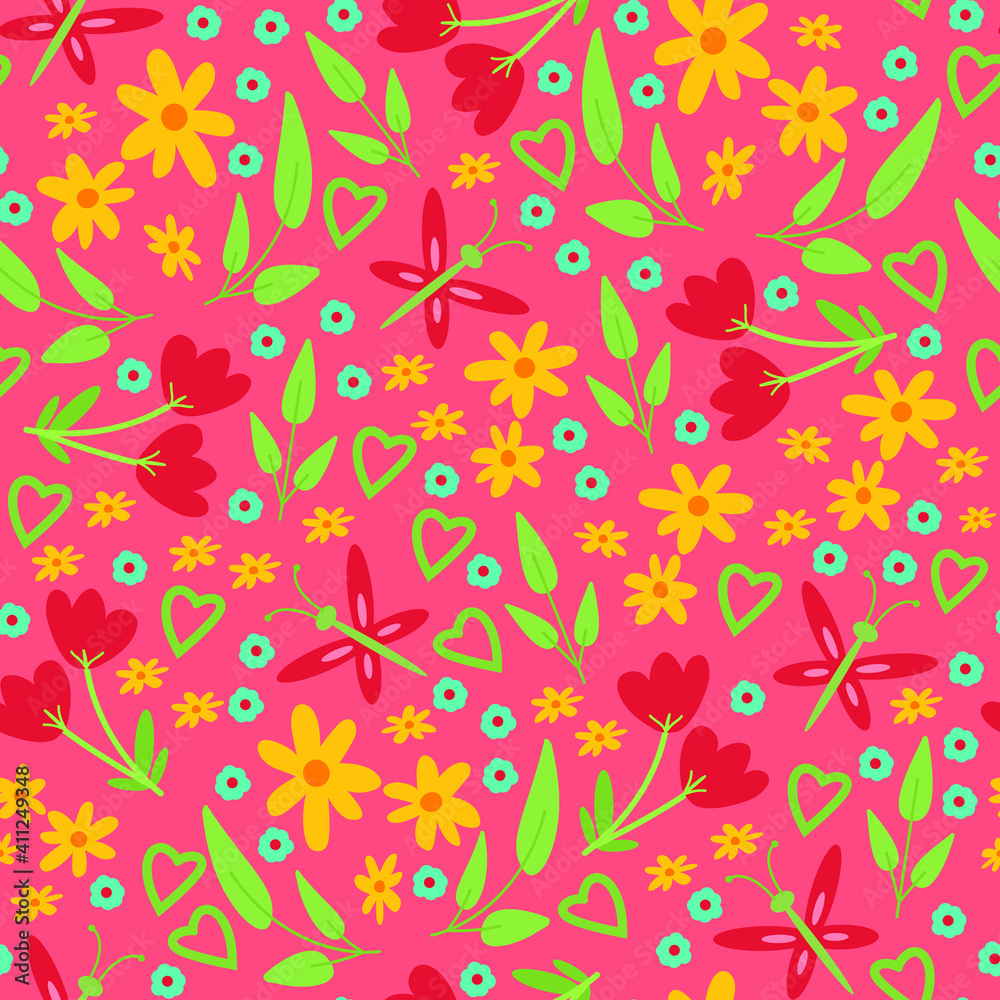 Seamless pattern background with spring floral elements in simple flat hand drawn style. Vector wallpaper on pink background. Flowers, leaves, hearts. Easter, 8 march wallpaper design. textile design