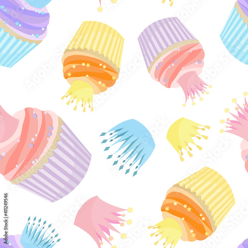 Pattern of cupcakes and cute crowns in pastel colors. Can be used as background for wrapping paper, for baby fabric, baking texture. Children's wallpaper, or wallpaper for a pastry shop.