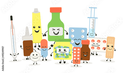 Funny medicine pills character set. Humor medical emoticons pills collection. Cartoon work emoji character health care pharmacy. Happy face pills mascot icon tablet. Isolated hospital concept symbol