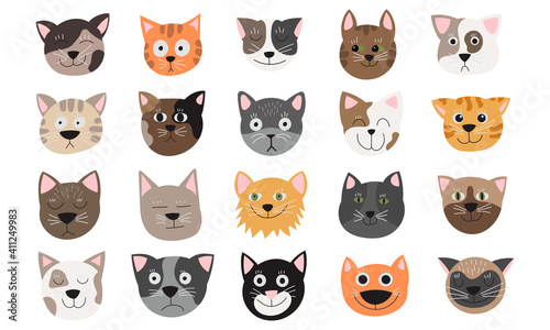 Funny cat face set vector illustration emotions. Cute animal face cat heads collection. Cartoon kitten pet isolated white icon. Drawing happy avatar doodle sticker. Adorable symbol design portrait