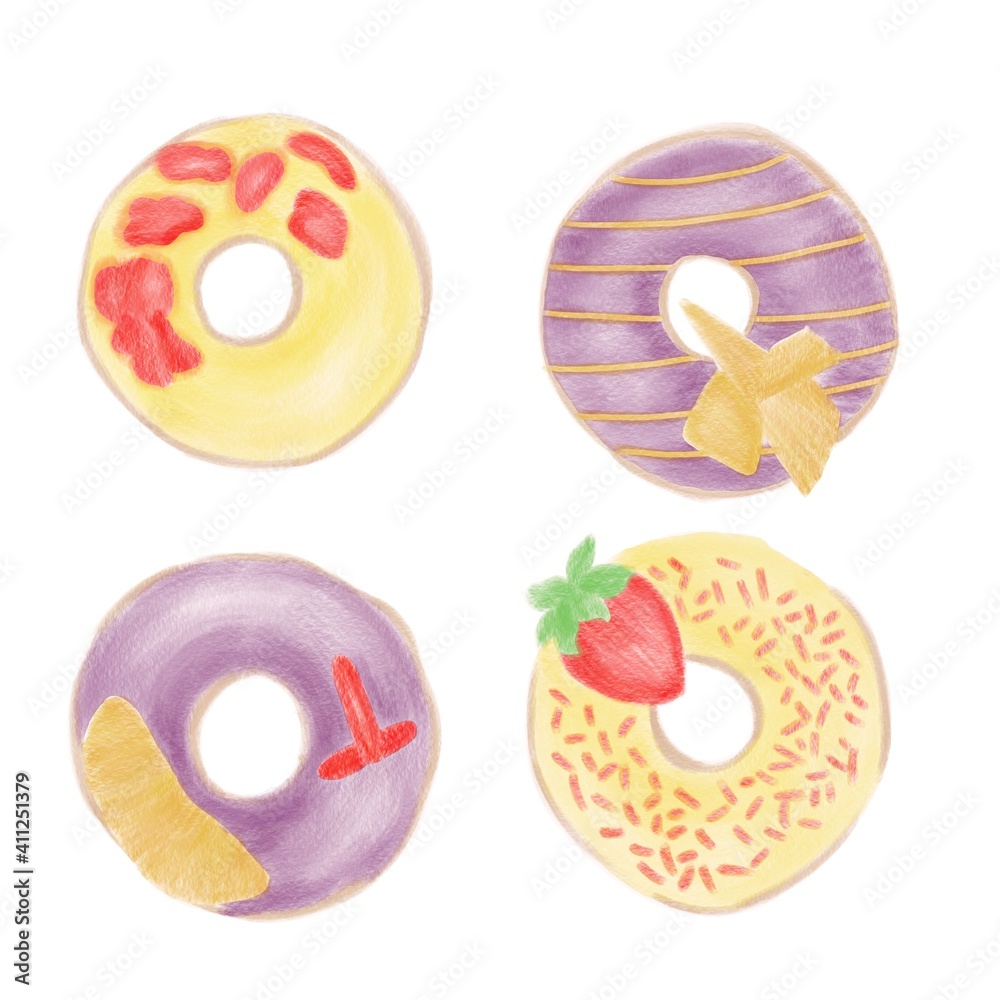 Four doughnuts in a watercolor technique, a yellow and lilac color Four doughnuts in a watercolor technique, a yellow and lilac color