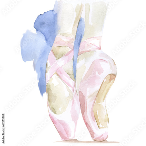 Ballet shoes on wooden floor watercolor illustration, vector template. Traditional pink pointe shoes. Female legs of dancer ballerina, tiptoe, Russian classic ballet.