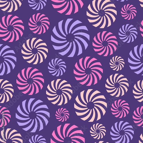 Abstract seamless pattern of repeating round ornaments isolated on purple background. Background with circles, swirling shapes. Stylish texture. Vector color illustration.