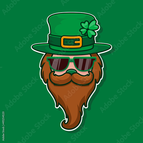 Cool leprechaun with glass, mustache and hat with clover. Feast of Saint Patrick. 17 March celebration