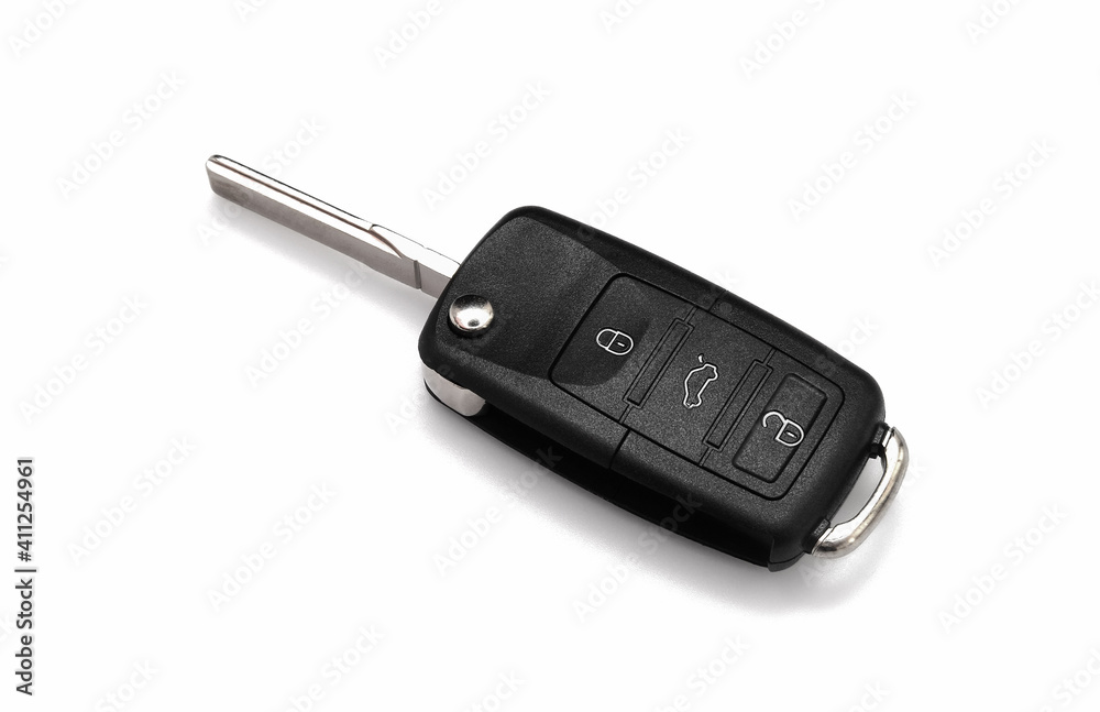 car key on white background. remote control alarm system. rental car service business. car key on white background. remote control alarm system. rental car service business.