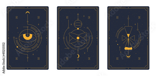 Tarot cards. Magic occult. Reader moon and hourglass in line style. 