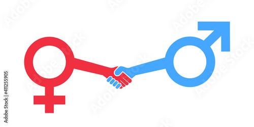 Consensual agreement and consent between sex and gender symbol of male and female, woman and man. Handshake as metaphor of partnership and respect. Vector illustration isolated on white.