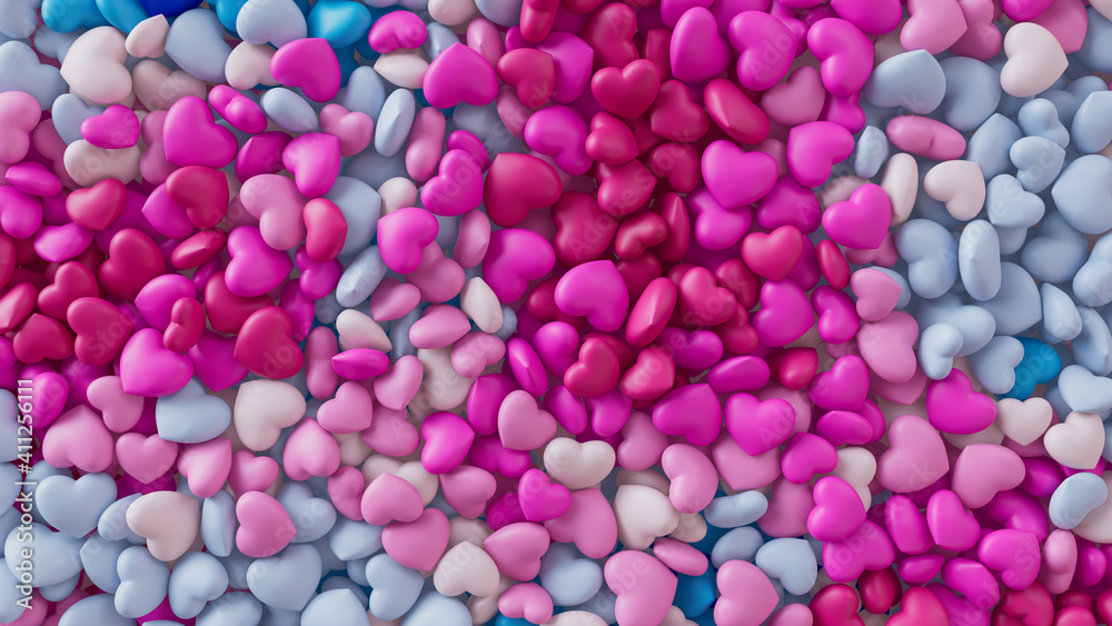 Multicolored Heart background. Valentine Wallpaper with Pink, White and Blue love hearts. 3D Render 