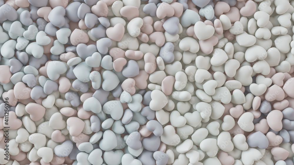 Multicolored Heart background. Valentine Wallpaper with White, Pink and Blue love hearts. 3D Render Multicolored Heart background. Valentine Wallpaper with White, Pink and Blue love hearts. 3D Render