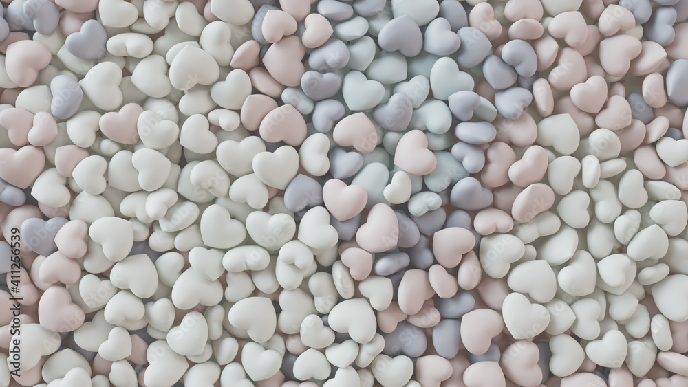 Multicolored Heart background. Valentine Wallpaper with Pink, White and Blue love hearts. 3D Render Multicolored Heart background. Valentine Wallpaper with Pink, White and Blue love hearts. 3D Render