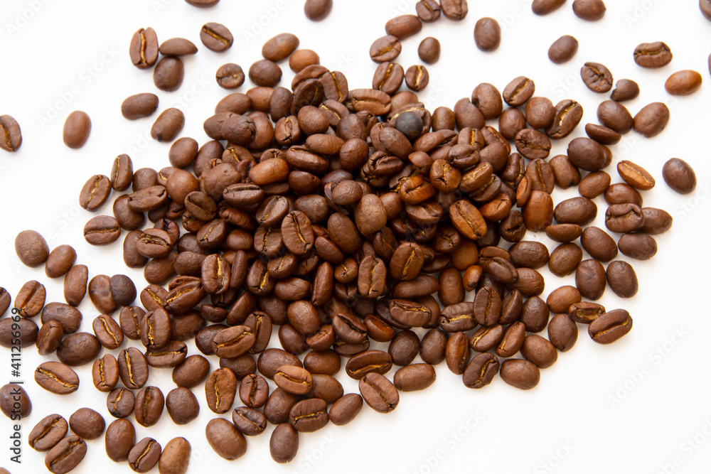 Coffee beans isolated on white background with copyspace for text. Coffee background or texture concept.