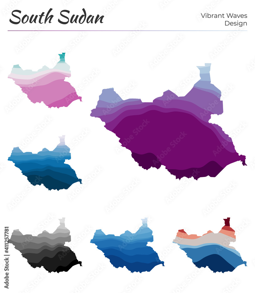 Set of vector maps of South Sudan. Vibrant waves design. Bright map of ...