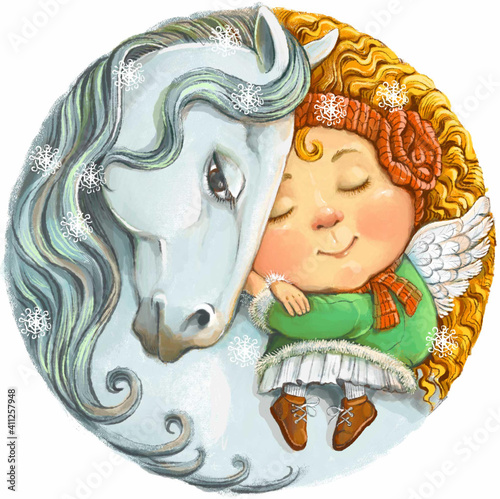 Colorful illustration of a round shape. A cute little ginger angel is sleeping peacefully on the back of a white horse. The concept of winter, sweet dreams, tranquility and relaxation.