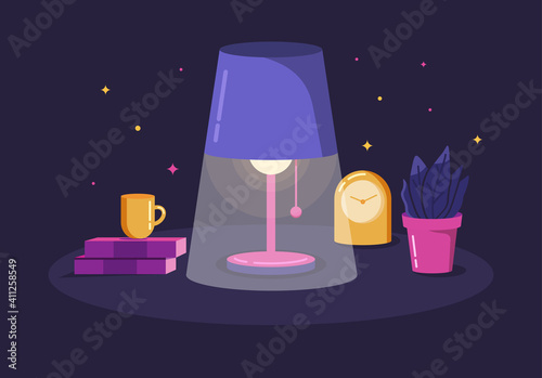 A workplace with a shining lamp on the table flat vector illustration. Night office room.