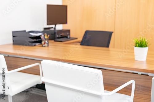 Mesa y sillas de despacho con ordenador y maceta © David