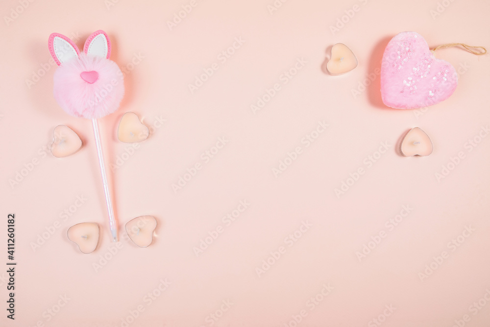 Valentine's Day, composition of hearts on a pink background. View from above