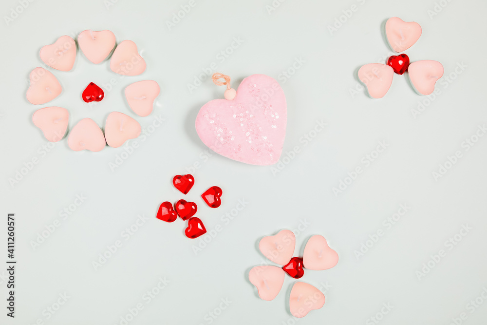 Valentine's Day, composition of hearts on a blue background. View from above