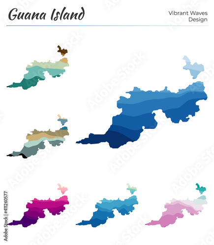 Set of vector maps of Guana Island. Vibrant waves design. Bright map of island in geometric smooth curves style. Multicolored Guana Island map for your design. Beautiful vector illustration.